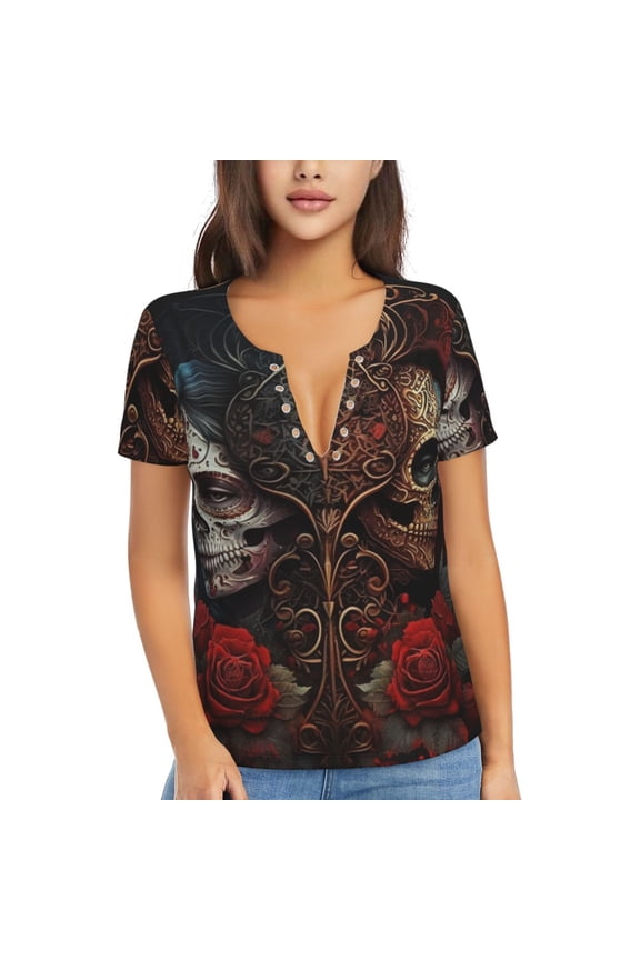 Women T Shirts Short Sleeve Summer Deep V Neck Tops, Skulls Lovers Day Of The Dead Red Roses