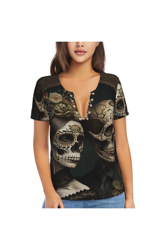 Women T Shirts Short Sleeve Summer Deep V Neck Tops, Skulls Lovers Day Of The Dead