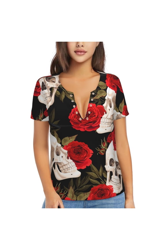 Women T Shirts Short Sleeve Summer Deep V Neck Tops, Skulls Red Roses Raven