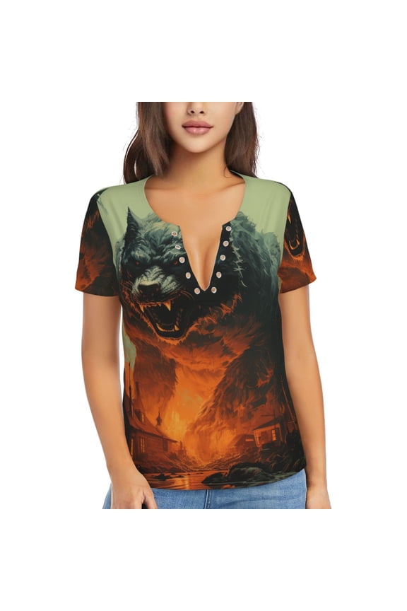 Women T Shirts Short Sleeve Summer Deep V Neck Tops, Werewolf Night Cool Art