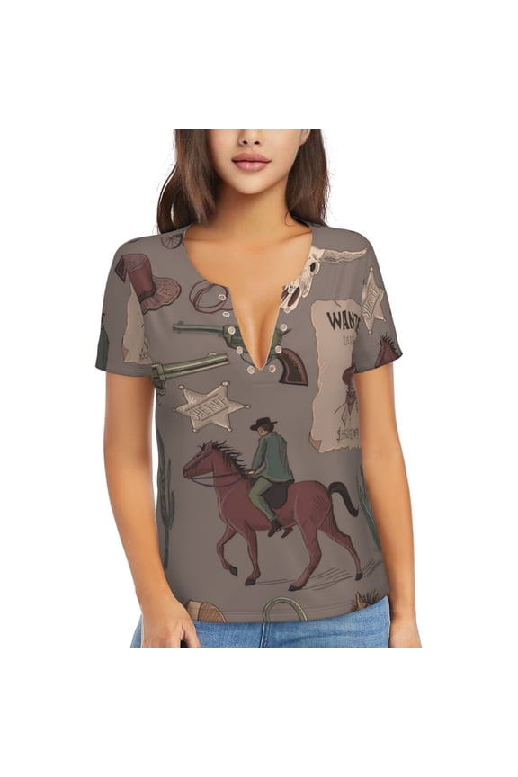 Women T Shirts Short Sleeve Summer Deep V Neck Tops, Wild West Wanted Poster