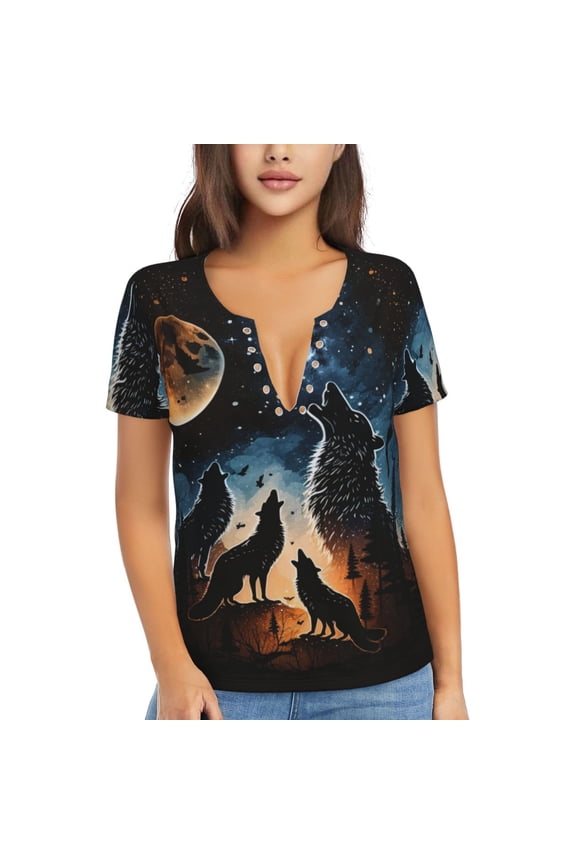 Women T Shirts Short Sleeve Summer Deep V Neck Tops, Wolf Howling Wolves Moon Night Stars