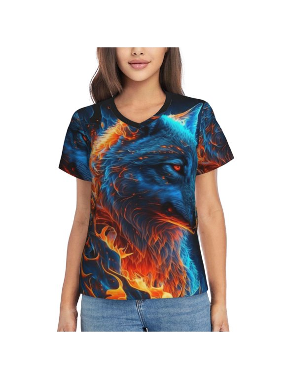 Women T Shirts Short Sleeve Summer V Neck Tops, Blue Fire Flaming Wolf Cool