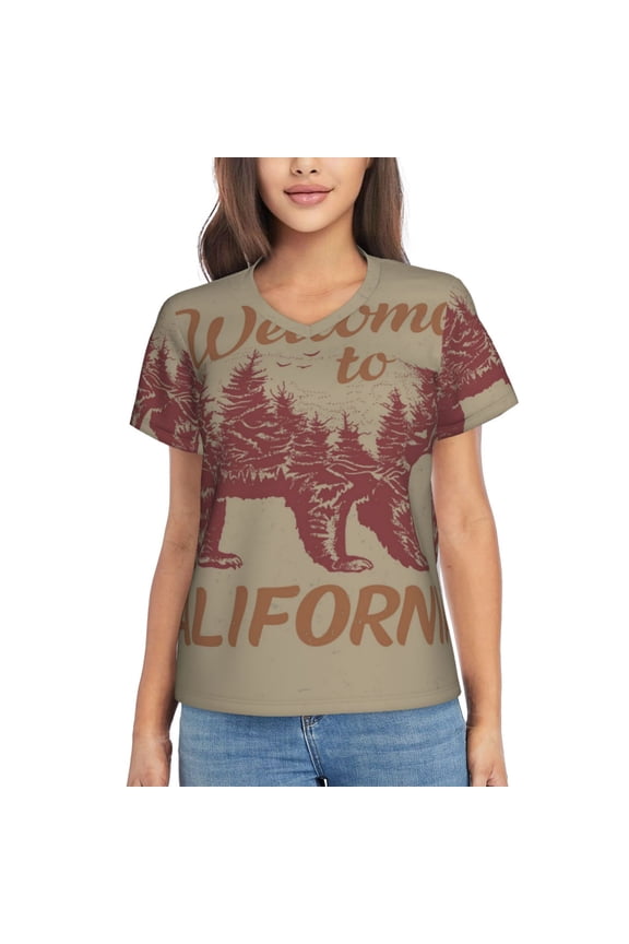 Women T Shirts Short Sleeve Summer V Neck Tops, California Bear Vintage Mountain