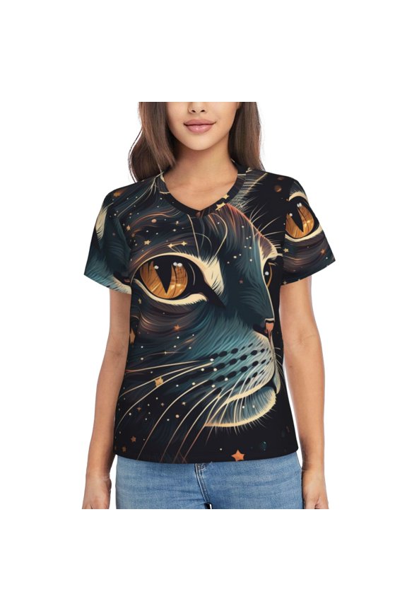 Women T Shirts Short Sleeve Summer V Neck Tops, Cat Face Starry Cute Kitty