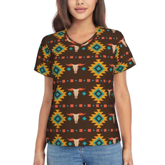 Women T Shirts Short Sleeve Summer V Neck Tops, Cowboy Western Native