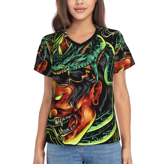 Women T Shirts Short Sleeve Summer V Neck Tops, Devil Snake Demon Japanese
