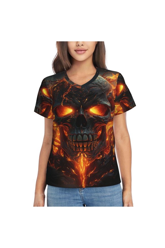 Women T Shirts Short Sleeve Summer V Neck Tops, Fire Skull Gothic Cool