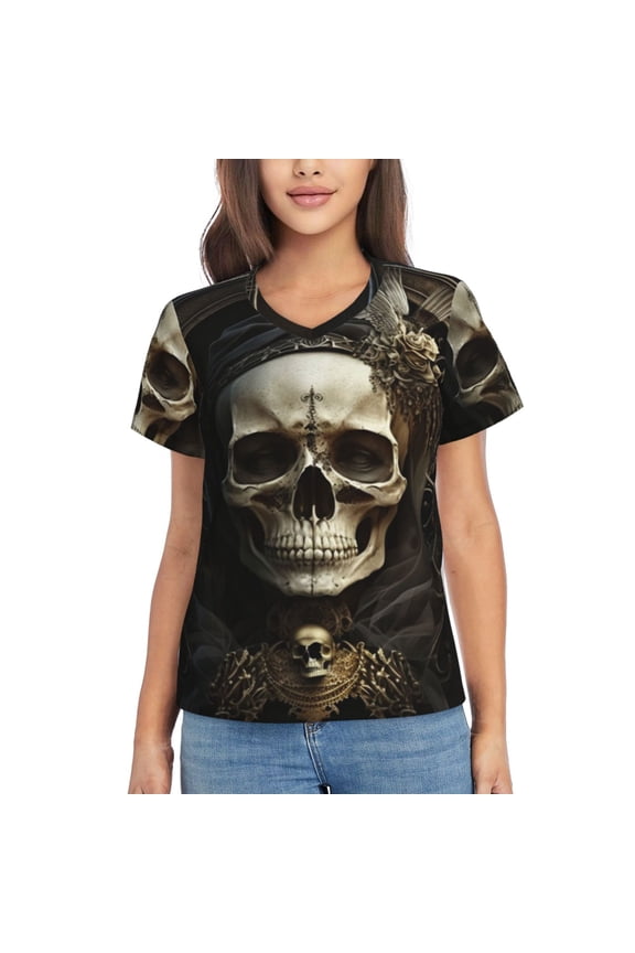 Women T Shirts Short Sleeve Summer V Neck Tops, Gothic Witchy Skull Black