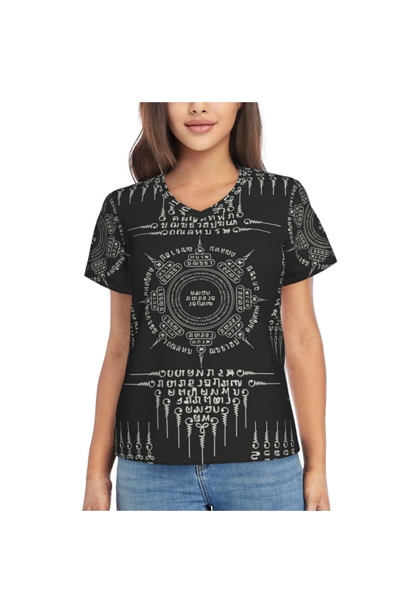Women T Shirts Short Sleeve Summer V Neck Tops, Muay Thai Sacred Symbol