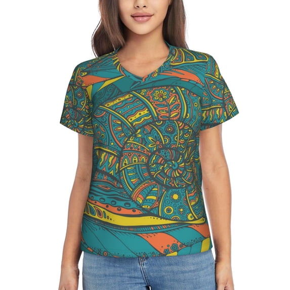 Women T Shirts Short Sleeve Summer V Neck Tops, Ornamental Snails Abstract Snail
