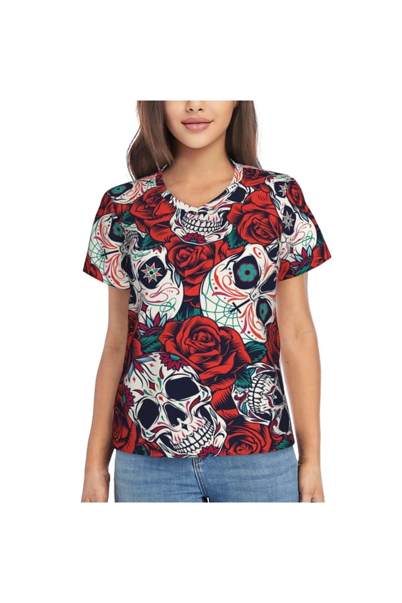 Women T Shirts Short Sleeve Summer V Neck Tops, Red Rose Skull Skulls Head