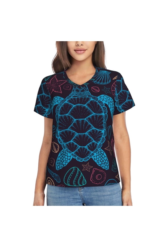 Women T Shirts Short Sleeve Summer V Neck Tops, Sea Turtle Shells Starfish