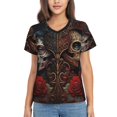 thumbnail image 1 of Women T Shirts Short Sleeve Summer V Neck Tops, Skulls Lovers Day Of The Dead Red Roses, 1 of 6