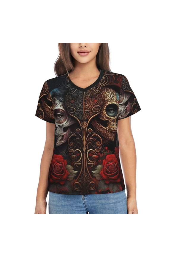 Women T Shirts Short Sleeve Summer V Neck Tops, Skulls Lovers Day Of The Dead Red Roses