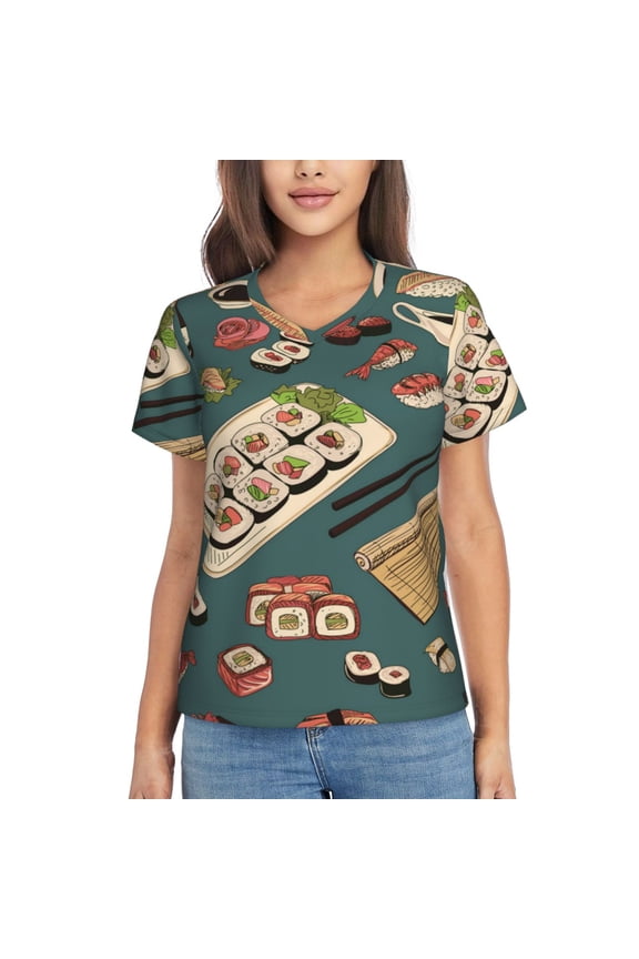 Women T Shirts Short Sleeve Summer V Neck Tops, Sushi Rolls Japanese Food Japan