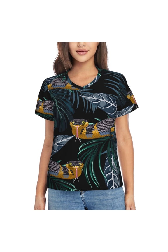 Women T Shirts Short Sleeve Summer V Neck Tops, Tropical Jungle Yellow Snake