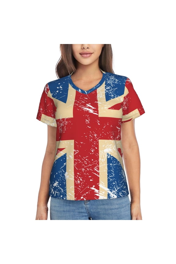 Women T Shirts Short Sleeve Summer V Neck Tops, Union Jack Uk Flag Retro