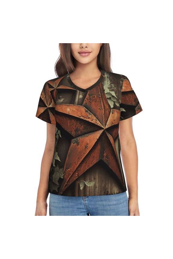Women T Shirts Short Sleeve Summer V Neck Tops, Vintage Rusty Stars Primitive Country Rustic
