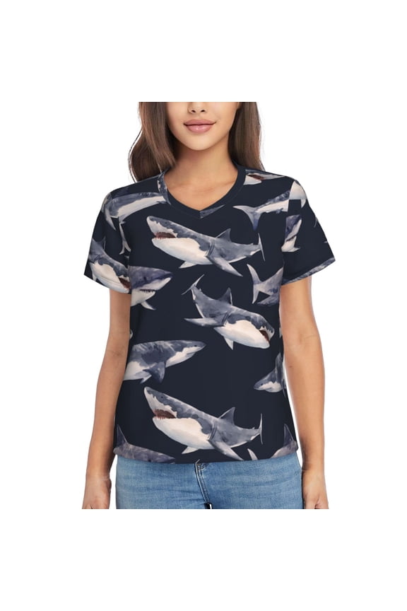 Women T Shirts Short Sleeve Summer V Neck Tops, Watercolor Shark Vintage
