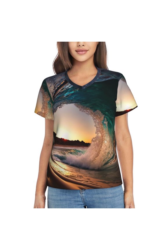 Women T Shirts Short Sleeve Summer V Neck Tops, Wave Inside Hollow Morning Surf