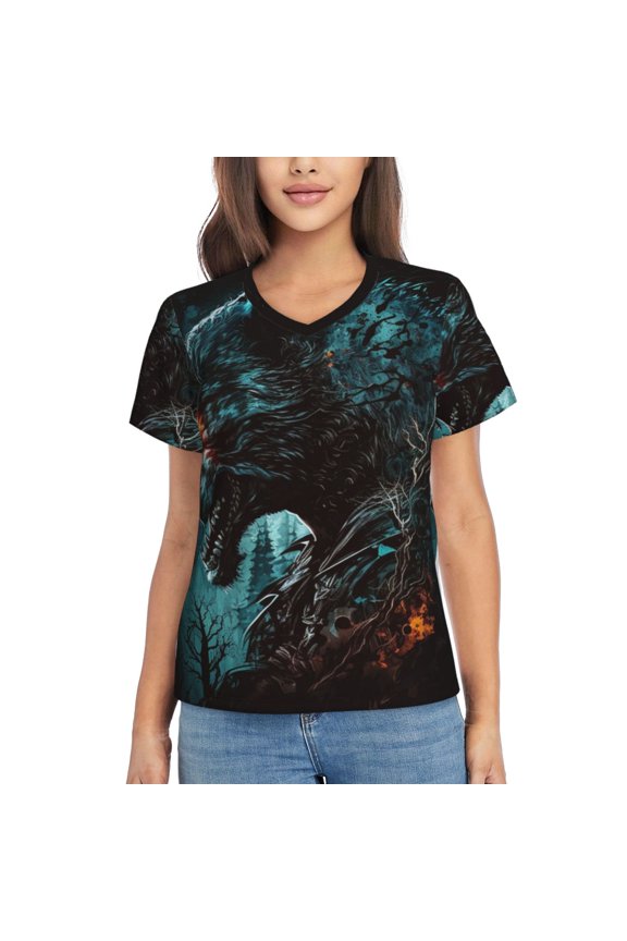 Women T Shirts Short Sleeve Summer V Neck Tops, Werewolf Howling Night Cool Wolf