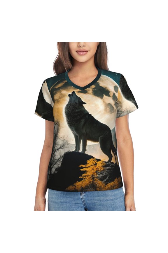 Women T Shirts Short Sleeve Summer V Neck Tops, Wolf Full Moon Howling