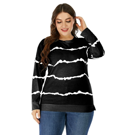 Women T-Shirts Striped Tops Casual Loose Plus Size Fall Long Sleeve Pullover Tie Dye Tunic Blouses Office Workwear Sweatshirts