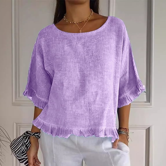Women T Shirts Summer Tops Solid Cotton and Linen Ruffle Pleated Hem Tops Half Sleeve Round Neck Casual Shirt Tops Comfortable Shirts
