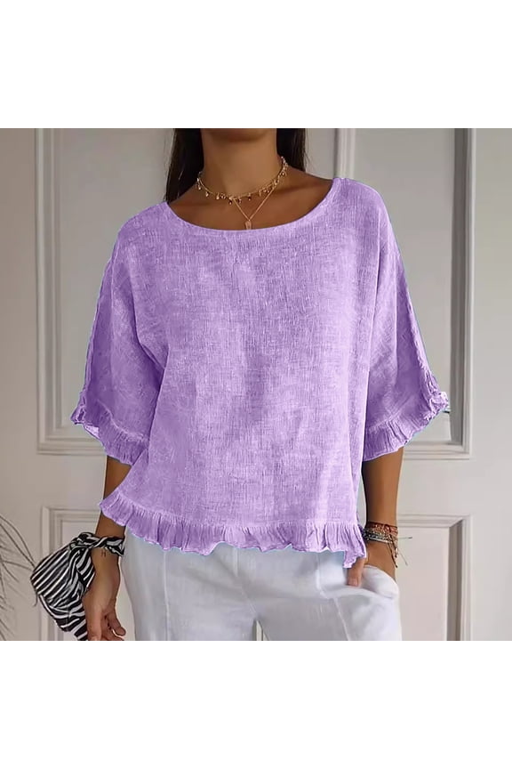 Women T Shirts Summer Tops Solid Cotton and Linen Ruffle Pleated Hem Tops Half Sleeve Round Neck Casual Shirt Tops Comfortable Shirts