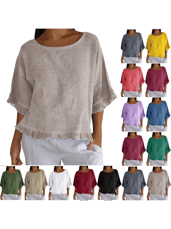 Women T Shirts Summer Tops Solid Cotton and Linen Ruffle Pleated Hem Tops Half Sleeve Round Neck Casual Shirt Tops Comfortable Shirts