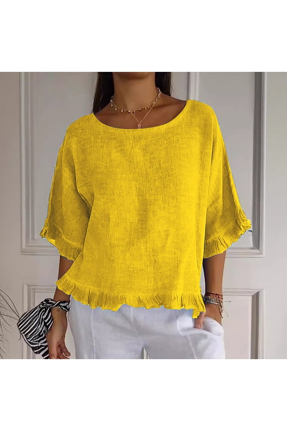 Women T Shirts Summer Tops Solid Cotton and Linen Ruffle Pleated Hem Tops Half Sleeve Round Neck Casual Shirt Tops Comfortable Shirts