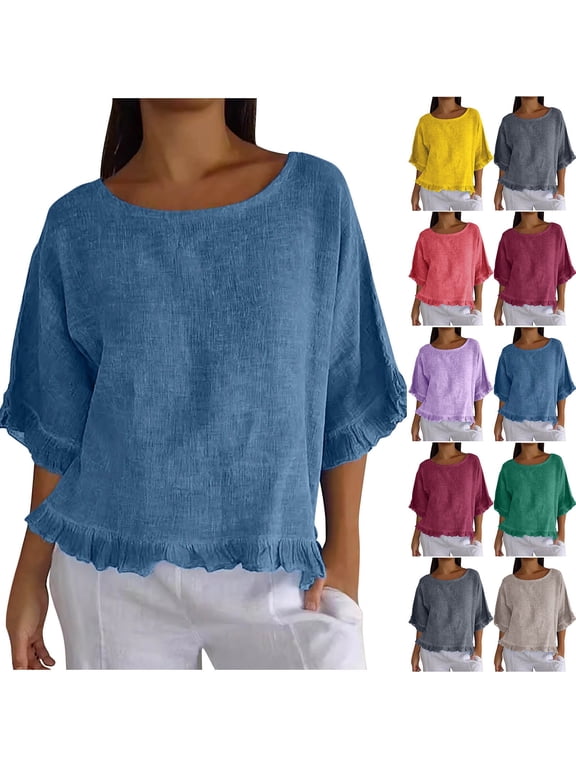 Women T Shirts Summer Tops Solid Cotton and Linen Ruffle Pleated Hem Tops Half Sleeve Round Neck Casual Shirt Tops Comfortable Shirts