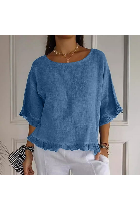 Women T Shirts Summer Tops Solid Cotton and Linen Ruffle Pleated Hem Tops Half Sleeve Round Neck Casual Shirt Tops Comfortable Shirts