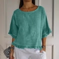thumbnail image 1 of Women T Shirts Summer Tops Solid Cotton and Linen Ruffle Pleated Hem Tops Half Sleeve Round Neck Casual Shirt Tops Comfortable Shirts, 1 of 8