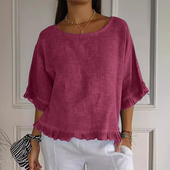 Women T Shirts Summer Tops Solid Cotton and Linen Ruffle Pleated Hem Tops Half Sleeve Round Neck Casual Shirt Tops Comfortable Shirts