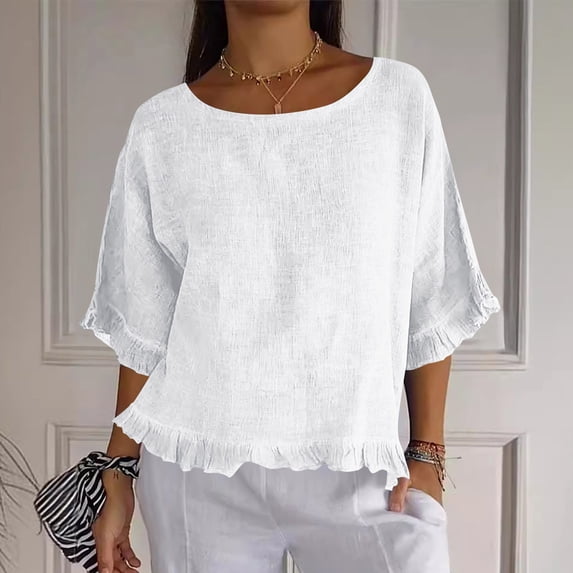 Women T Shirts Summer Tops Solid Cotton and Linen Ruffle Pleated Hem Tops Round Neck Casual Shirt Tops Comfortable Shirts