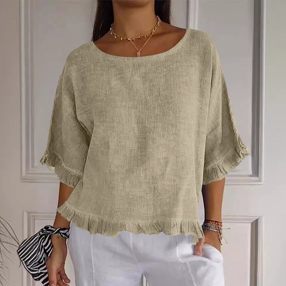 Women T Shirts Summer Tops Solid Cotton and Linen Ruffle Pleated Hem Tops Round Neck Casual Shirt Tops Comfortable Shirts