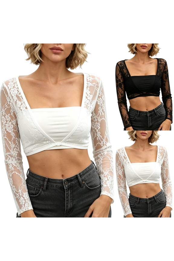 Women T Shirts Women Lace Trim Crop Long Sleeve Sheer Cover Up Casual Blouse Black L