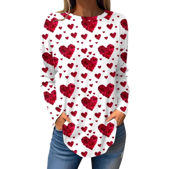 Women T Shirts Women's Valentine's Day Heart Print Crewneck Long Sleeve T Shirt Soft Cotton Loose Comfortable Casual Basic Top Watermelon Red L