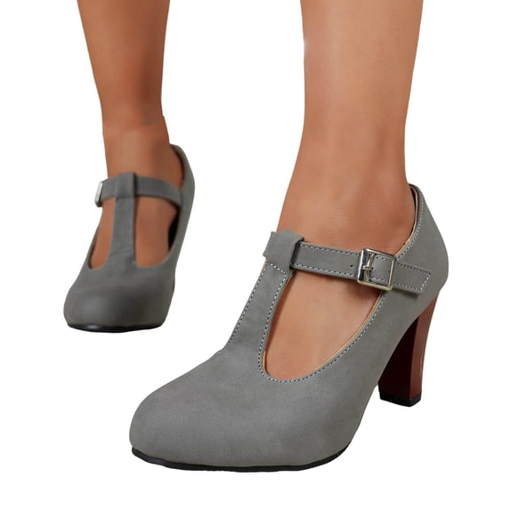 Women T-Strap High Heels Fashion Platform Round Toe Adjustable Strap Pumps Leather Summer Sweet Dress Shoes Gray Size 5.5