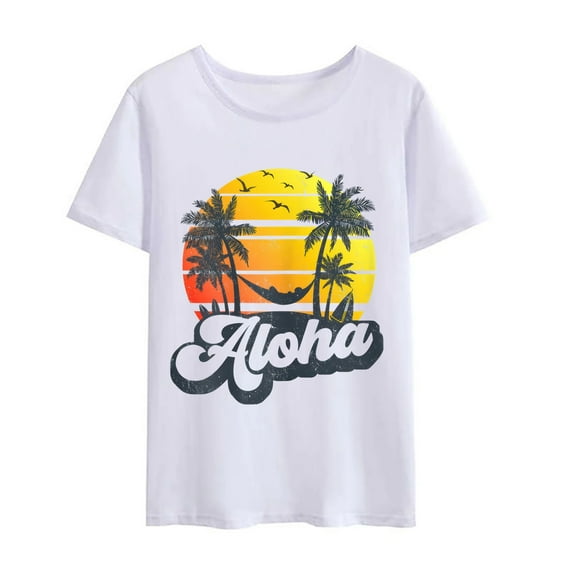 Women T-shirt Aloha Hawaii Hawaiian Island Shirt Palm Trees Beach Vacation T-Shirt Casual Short Sleeve Round Neck Tops