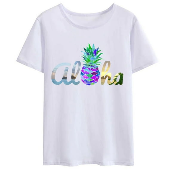 Women T-shirt Cute Aloha Hawaii Pineapple Mermaid Purple Girl Women Tshirt Casual Short Sleeve Round Neck Tops