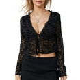 thumbnail image 1 of Women T-shirt, Elegant Long Sleeve Tie-up Lace Tops See-through Crop Top Fall Clubwear, 1 of 10