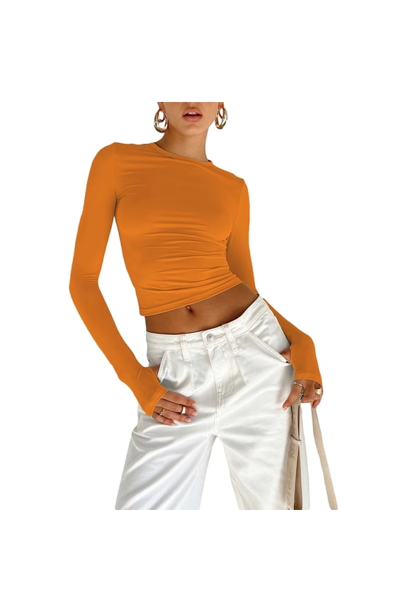 Women T-shirt, Long Sleeve Crew Neck Solid Slim Fit Ladies Crop Top with Thumb Holes for Daily