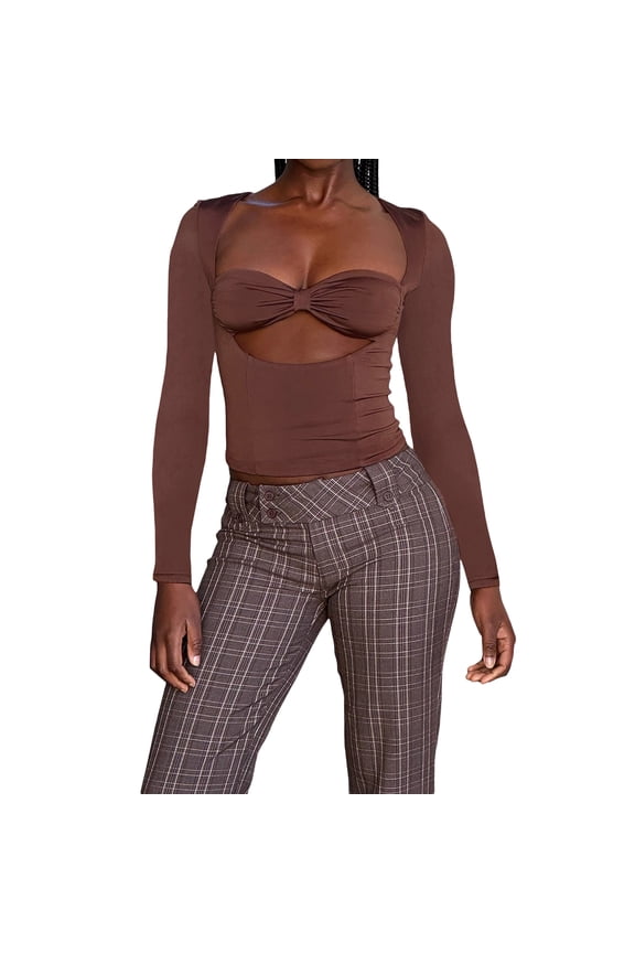 Women T-shirt Long Sleeve Low-cut Hollowed Solid Slim Fit Ladies Fall Tops Clubwear