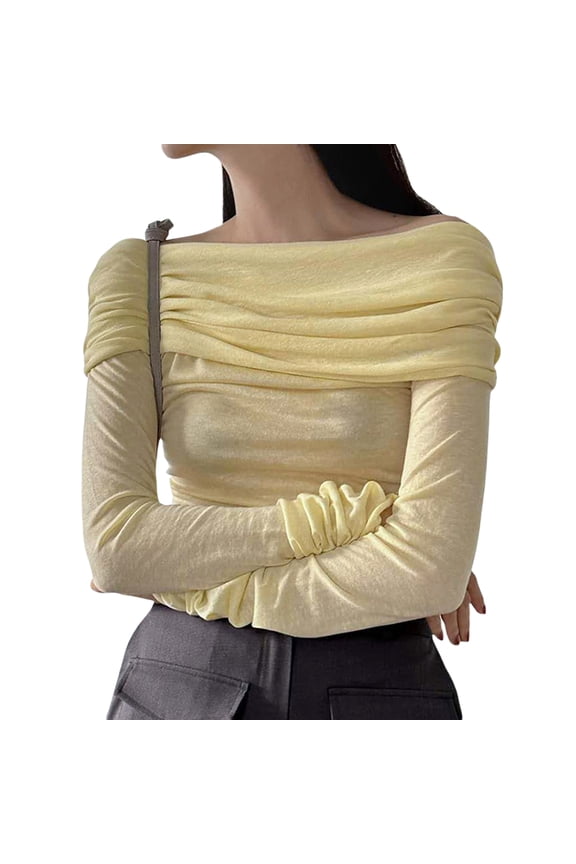 Women T-shirt Long Sleeve Off-shoulder Tops Pleated Solid Slim Fit Ladies Clubwear