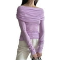 thumbnail image 1 of Women T-shirt Long Sleeve Off-shoulder Tops Pleated Solid Slim Fit Ladies Clubwear, 1 of 8
