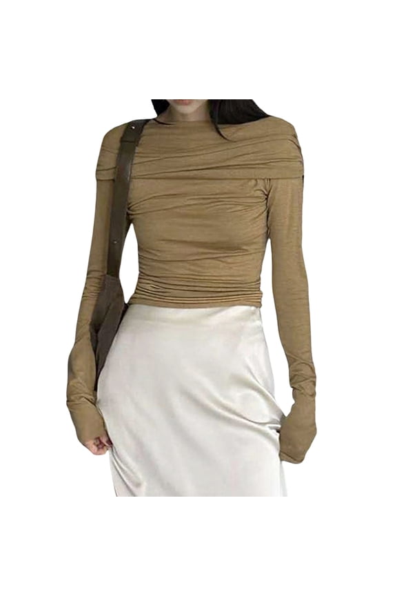 Women T-shirt Long Sleeve Off-shoulder Tops Pleated Solid Slim Fit Ladies Clubwear