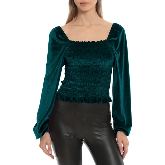 Women T-shirt Long Sleeve Square Neck Pleated Solid Slim Fit Ladies Tops Streetwear